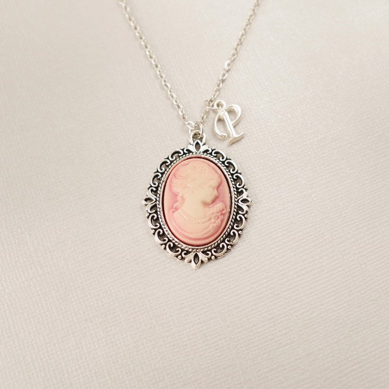 Pink cameo necklace Silver letter jewelry Personalized jewelry Lady cameo Pendant Christmas gift for her Vintage style letter Jewelry Beige