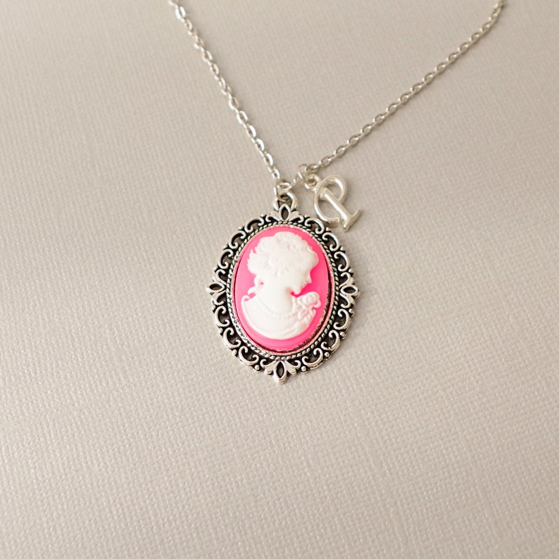 Pink cameo necklace Silver letter jewelry Personalized jewelry Lady cameo Pendant Christmas gift for her Vintage style letter Jewelry Pink