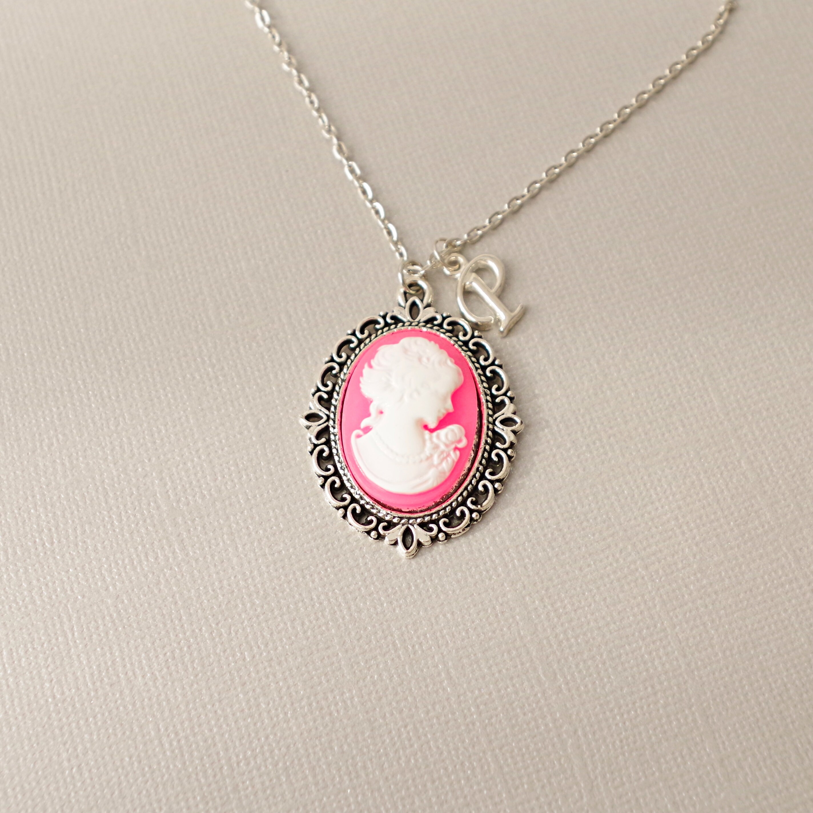 Pink Cameo Necklace Silver Letter Jewelry Personalized Jewelry