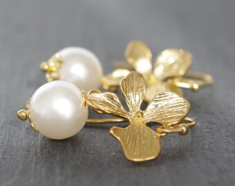 Gold Orchid Pearl Drop Earrings: Handmade Floral Bridal Jewelry