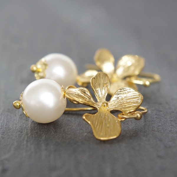 Gold orchid earrings with pearls. Flowers jewelry Bridal gift Wedding earrings Mothers day gift for women