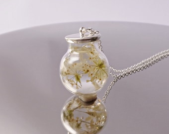 Real flower necklace White dried flower terrarium jewelry Pressed flower botanical necklace