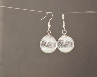 Snow globe earrings Glass globe Flying Snowflakes winter jewelry  Christmas gift for women