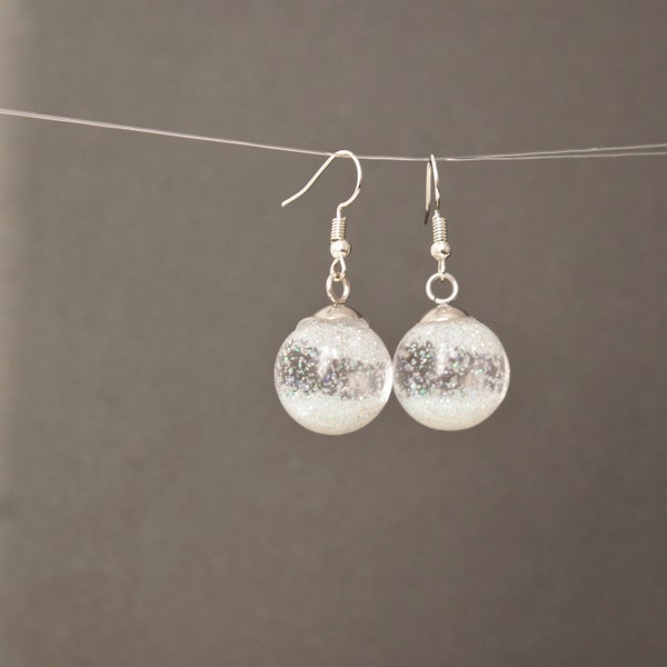 Snow globe earrings Glass globe Flying Snowflakes winter jewelry  Christmas gift for women