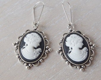 Black Cameo Earrings Cameo Goth Earrings Victorian earrings Vintage earrings Goth Jewelry Lady Cameo Jewelry Woman Cameo Silver Gift for her