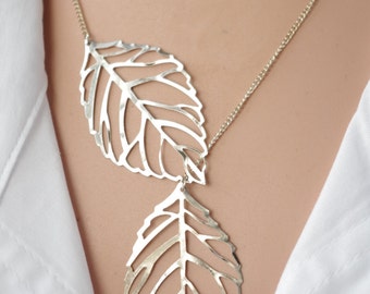 Silver plated Leaf lariat necklace  Twin leaf jewelry Double Gold plated leaf lariat necklace for women