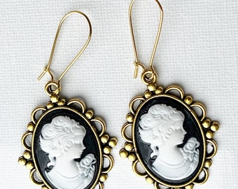 Black cameo drop earrings Cameo victorian lady jewelry Vintage goth jewelry for woman Anniversary gift for her