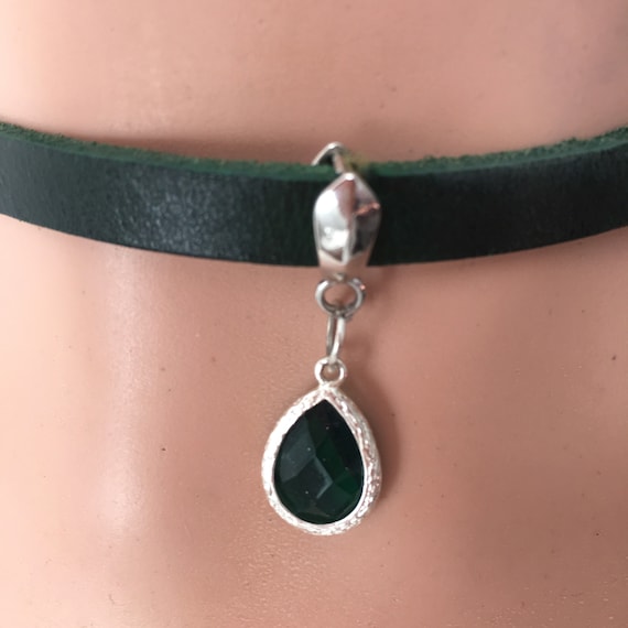 【EVERYBIRTHDAY】Stone Black Leather Choker Black Leather Choker Personalized Birthstone Necklace