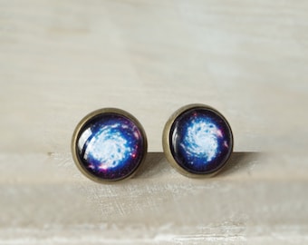 Blue Galaxy Stud Earrings: Bronze Nebula Space Jewelry