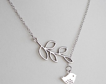 Mothers Day Gift Bird and Branch Lariat Necklace Leaf Pendant Necklace Bird charm necklace Wedding jewelry Love Bird Necklace Bridal mom