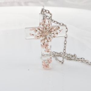 Сross from real flowers in resin Baptism cross necklace Religious jewelry cross Baptism gift  for women Catholic jewelry