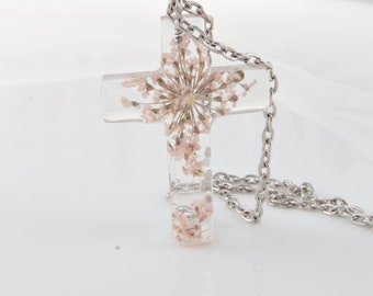 Сross from real flowers in resin Baptism cross necklace Religious jewelry cross Baptism gift  for women Catholic jewelry