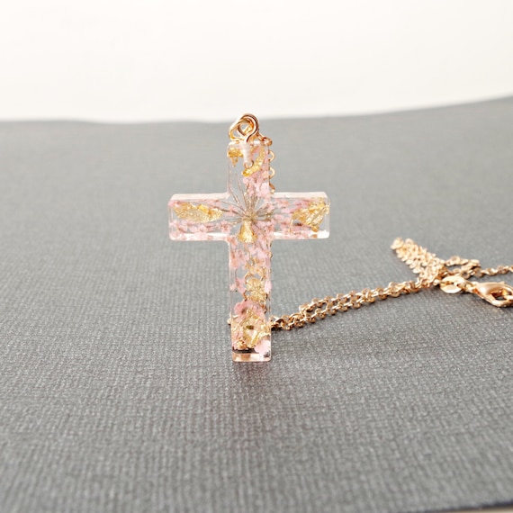 Buy Gold Cross Necklace Women Сross With Flowers in Resin Jewelry
