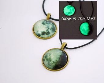 Glowing in the Dark Moon necklace Glowing Crescent Moon jewelry Science Full Moon phase necklace