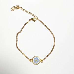 Blue flower Forget me not gold bracelet for women Pressed flower jewelry Christmas gift for image 5