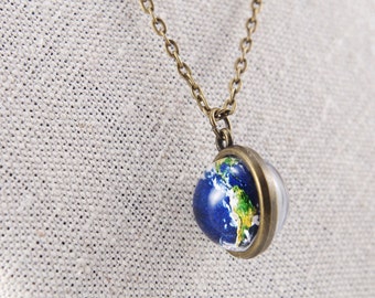Two sided Earth necklace Globe pendants Space Planet jewelry Solar System Tiny Necklace Blue Earth Pendant Space Necklace gift for her