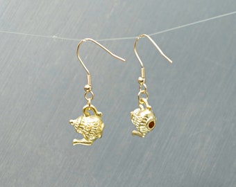 Pendientes colgantes de plata con tetera pequeña, tetera de púas, joyería de oro, pendientes de té, tetera para fiesta de té, joyería, regalo para el día de la madre, mujer, abuela