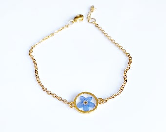 Blue flower in resin gold  bracelet  for women  Flower Forget me not handmade jewelry Christmas gift for her Bridesmaid gift