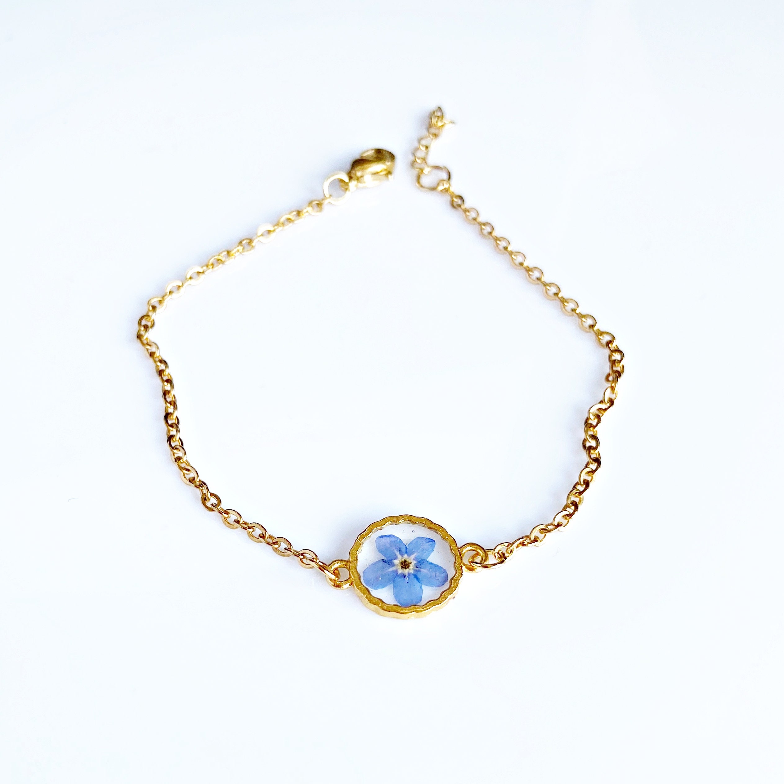 2 Bracciali Nontiscordardime In Oro E Argento – Ciondolo Floreale In Resina Con Fiore Pressato – Gioielli Fatti A Mano, Regalo Di Amicizia - 4
