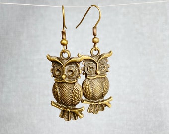 Bronze owls statement earrings Bird jewelry Vintage style Mothers day gift for her gifts for friends animal jewelry