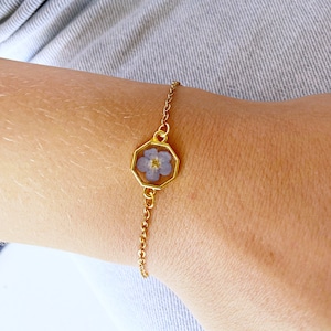 Blue flower Forget me not gold bracelet for women Pressed flower jewelry Christmas gift for image 2