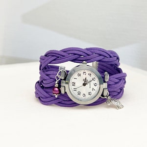 Purple Suede Wrap Watch: Personalized Charm Bracelet, Adjustable Leather