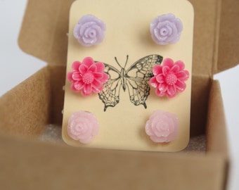 Roze bloem stud oorbellen set tiny post earring bloem meisje sieraden kinderen cadeau zus