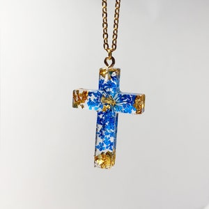 Gold cross with flowers in resin necklace Baptism gift girl jewelry Christening Сross Jesus  Memorial Bridal gift for grandma