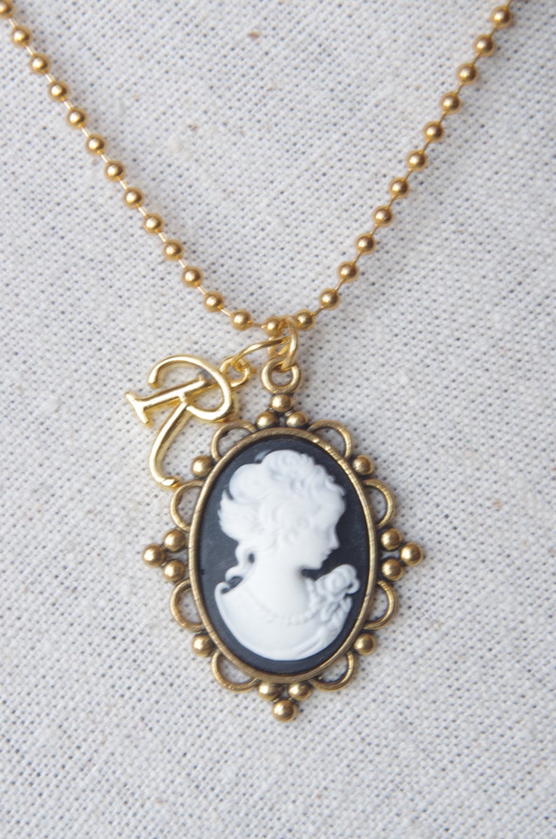 Personalized woman cameo necklace Gold initial pendants Victorian cameo jewelry Initial necklace image 2