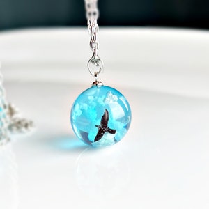 Blue Sky Cloud Resin Necklace, Bird flying in the blue sky Jewelry,Fluffy White Clouds Pendant,  Nature Gift for Her, Jewelry for Women