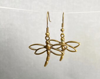 Bronze Dragonfly Dangle Earrings: Insect Statement Jewelry