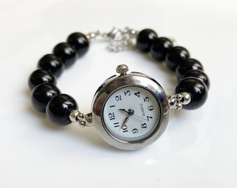 Black Pearl Bracelet Watch: Swarovski Crystal Bridal Jewelry
