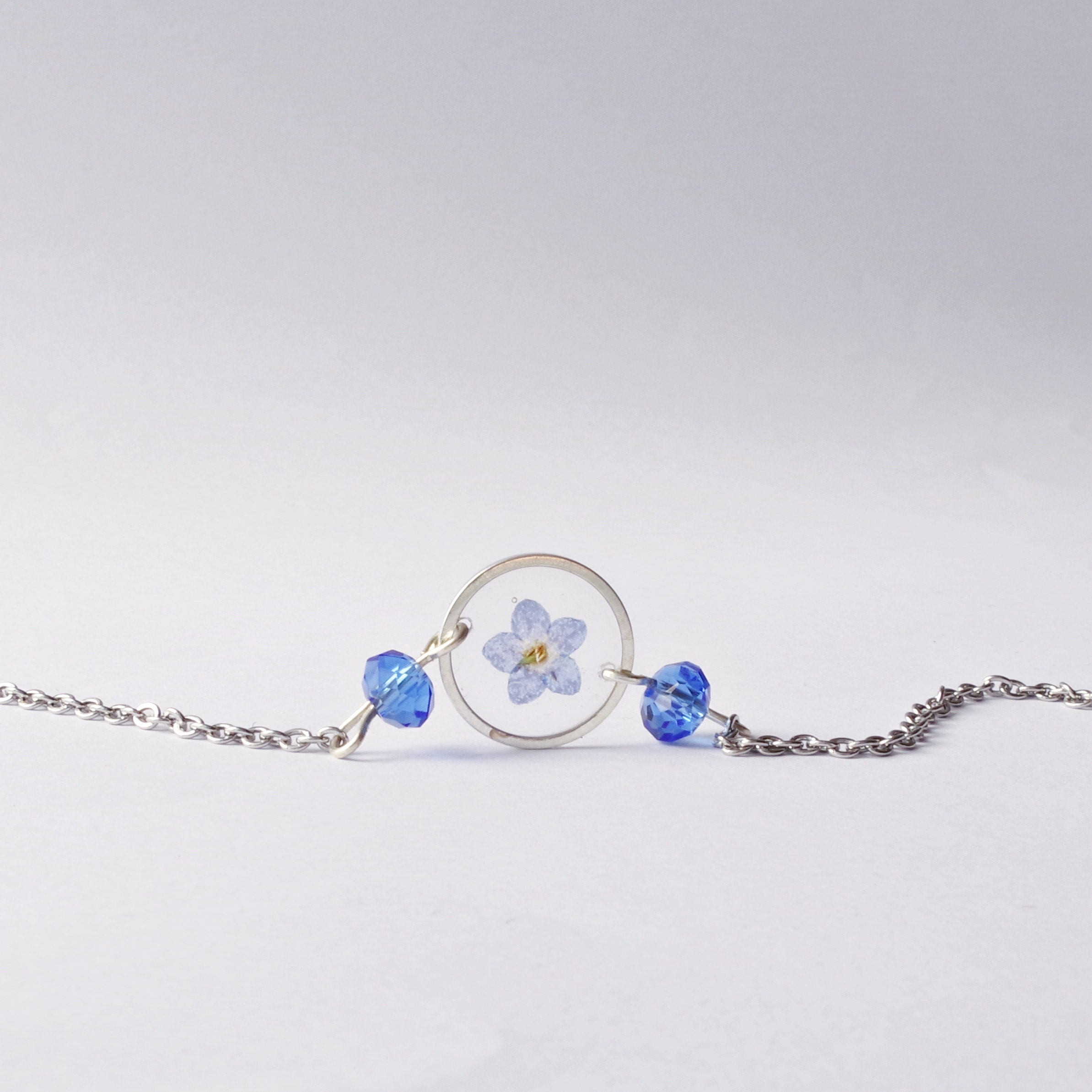 Real Pressed Flower Bracelet, Forget Me Not Bracelet, Silver