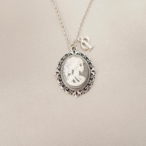 Pink cameo necklace Silver letter jewelry Personalized jewelry Lady cameo Pendant Christmas gift for her Vintage style letter Jewelry Gray