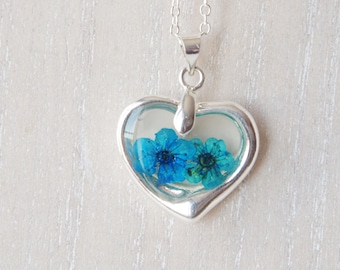 Silver heart wish blue flower necklace Real  dried flowers in resin nature pendant love necklace for women gift for mom
