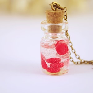 May include: A glass bottle necklace with a cork stopper and a brass chain. The bottle is filled with a clear liquid and red glitter.
