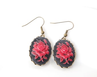 Victorian Red Vintage Rose Flower Drop Earrings,Victorian Red Vintage Rose Flower Jewelry for women
