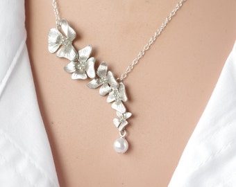 Silver Orchid Lariat Necklace: Pearl Flower Bridal Jewelry