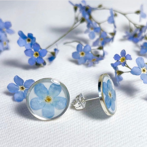 Real Forget me not stud earrings Blue flower in resin jewelry for women Minimalist earrings mothers day gift for mom