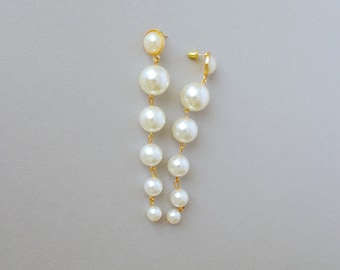 Long pearl drop earrings , Statement earrings,  Bridesmaid earrings,  Unique gifts , Graduated Pearl Cascade Earrings