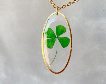 Four Leaf Clover Necklace Real Four Leaf Clover  Resin Gold Oval  Lucky Charm Shamrock Pedant Pressed Flower