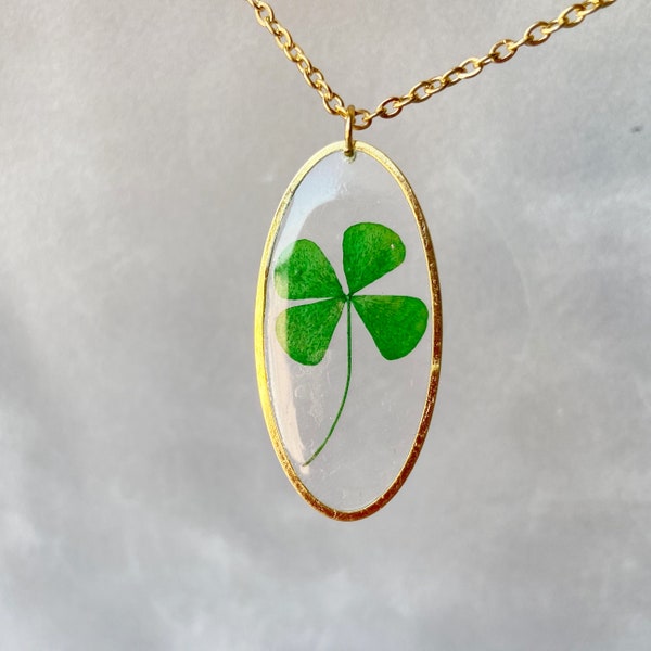 Four Leaf Clover Necklace Real Four Leaf Clover  Resin Gold Oval  Lucky Charm Shamrock Pedant Pressed Flower