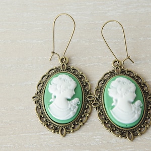 Green cameo earrings  Victorian Women cameo Jewelry Bronze Vintage earrings Lady Cameo Bridesmaid Gift for her Christmas gift for mom