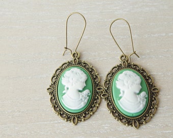 Green Cameo Earrings: Victorian Bronze Dangle Jewelry