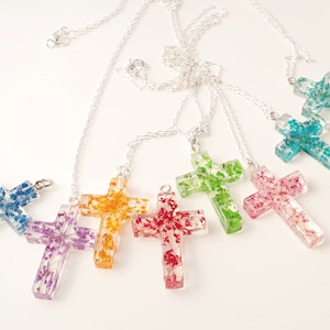 Cross necklace Real flower in resin jewelry for women Baptism cross Catholic Religious jewelry cross gift for girls