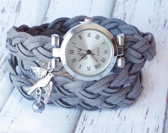 Graue Wildleder Wickeluhr: Silber Vogel Bettelarmband