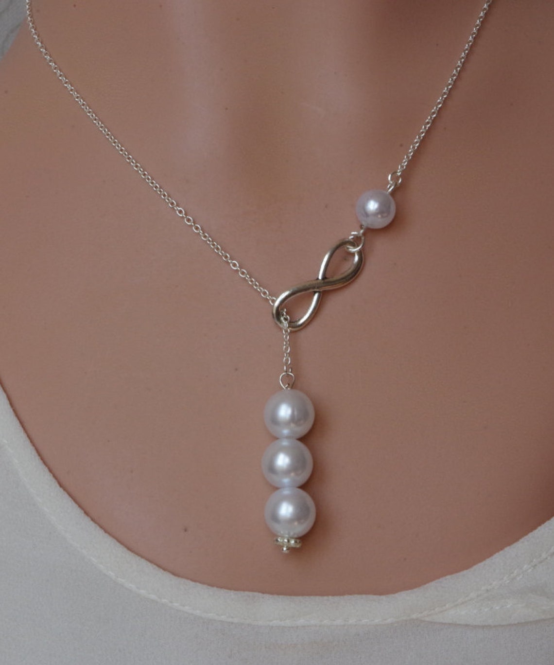Silver Lariat Infinity Pearl Necklace Infinity Pearl Lariat Etsy