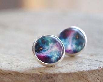 Galaxy Space Stud Earrings Rainbow Bleu Galaxy jewelry Nebula Stardust Earring Anniversary  gift for her Minimalist jewelry