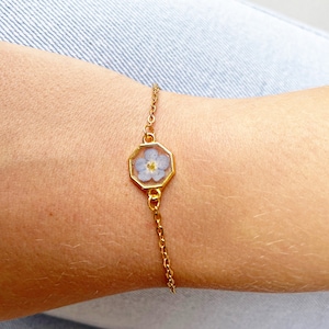 Blue flower Forget me not gold bracelet for women Pressed flower jewelry Christmas gift for image 10