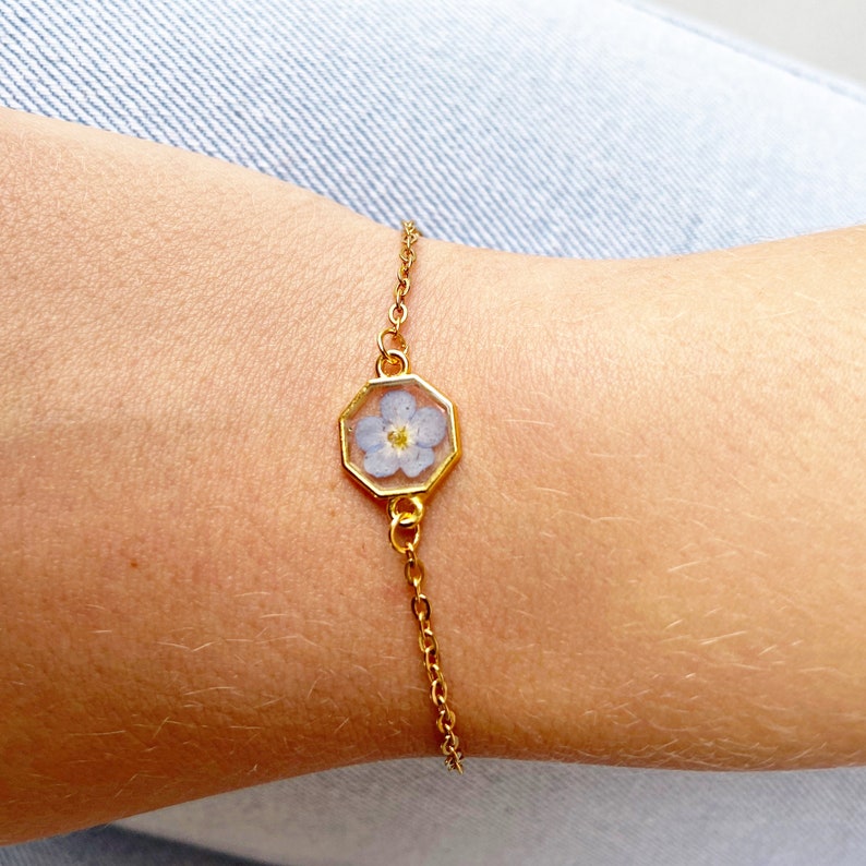 Blue flower Forget me not gold bracelet for women Pressed flower jewelry Christmas gift for image 10
